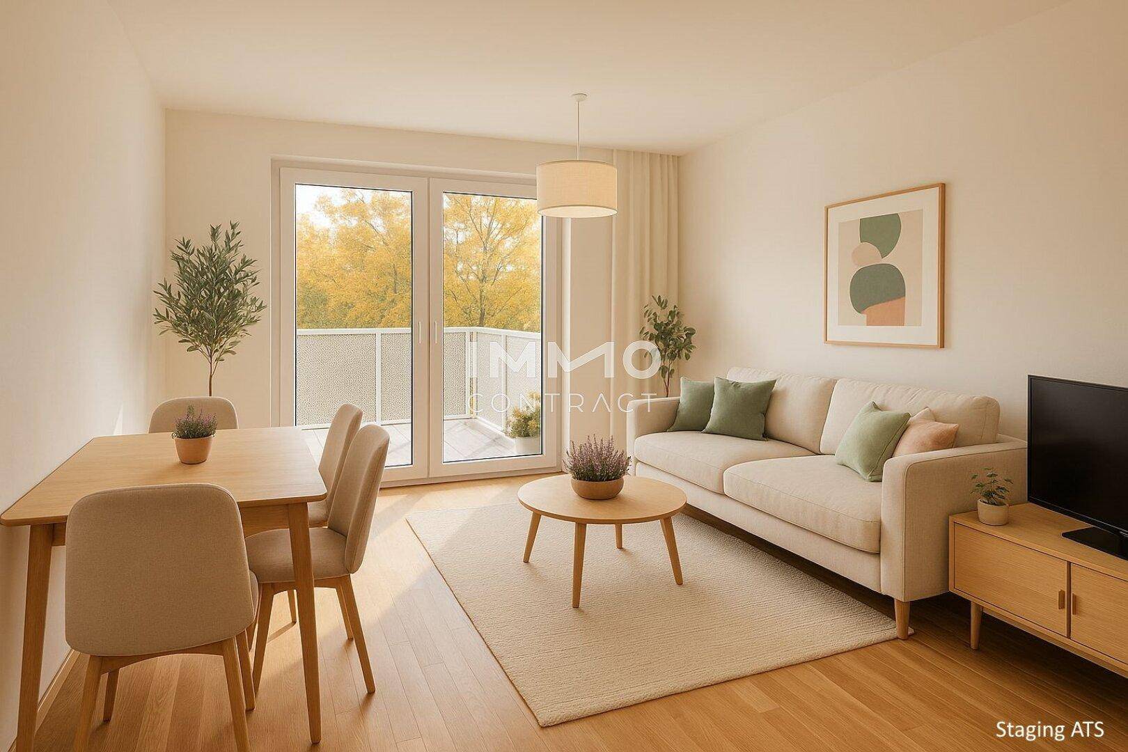 Gemütlicher Wohn-Essbereich mit Holzboden, Sofa und Esstisch, mit Zugang zum Balkon.