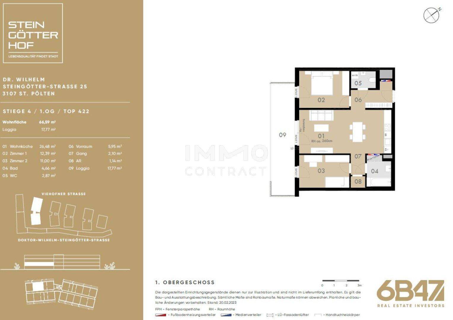 Grundriss einer Wohnung im ersten Obergeschoss mit Loggia und offener Wohnküche.