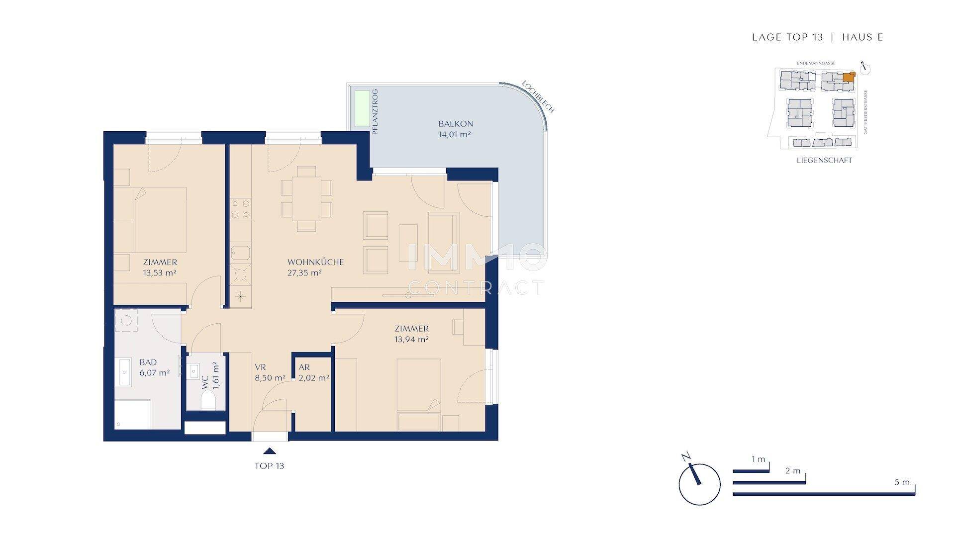Grundriss einer Wohnung mit offener Wohnküche, zwei Zimmern und einem Balkon.