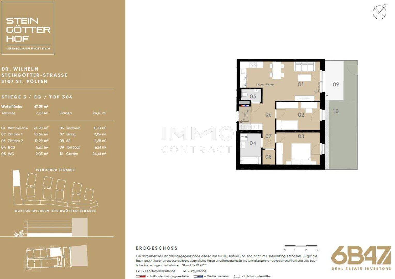 Detaillierter Grundriss einer Erdgeschosswohnung mit Terrasse und Gartenanteil.