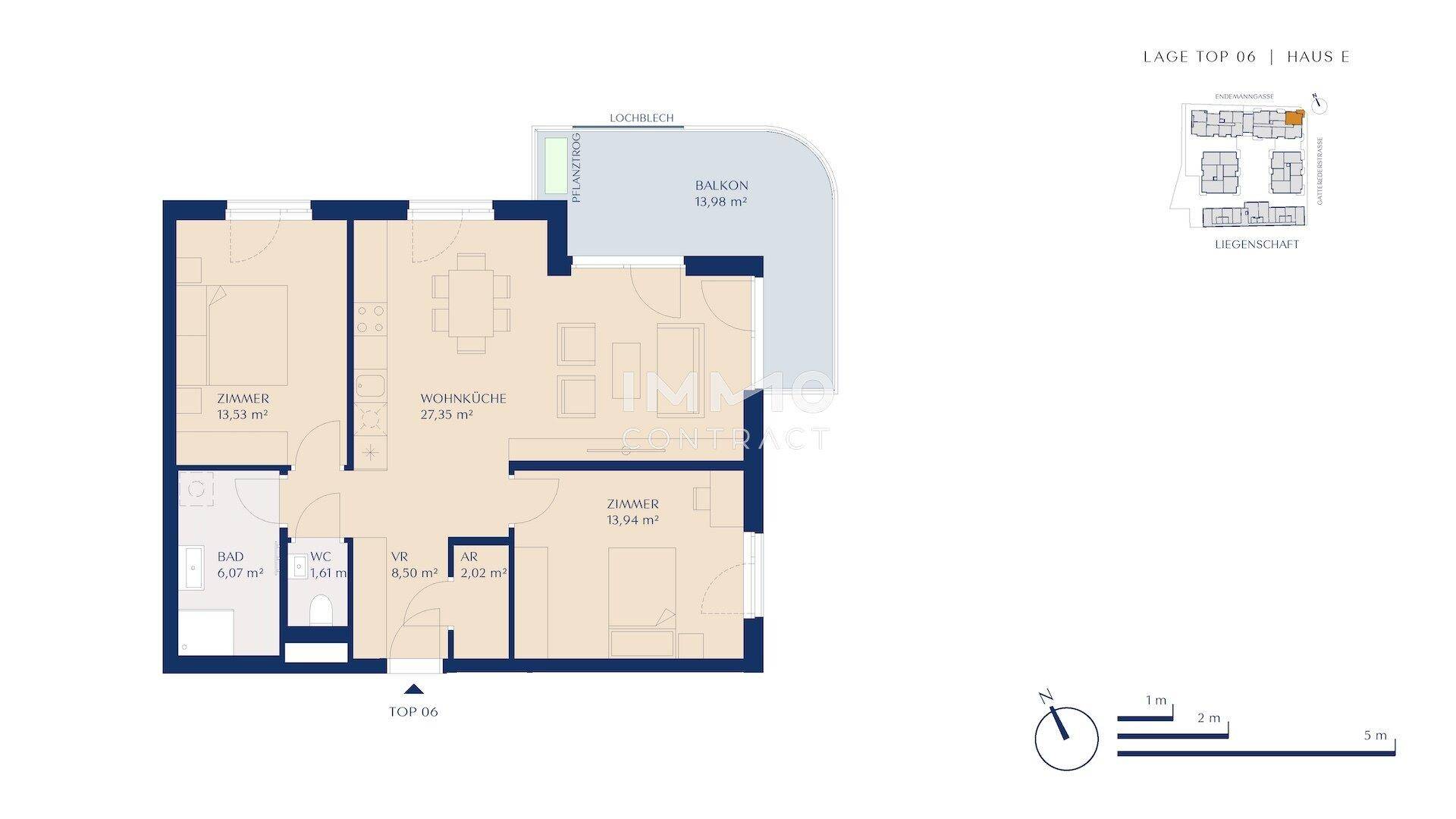 Grundriss der Wohnung Top 06 in Haus E mit Wohnküche, zwei Zimmern und Balkon.