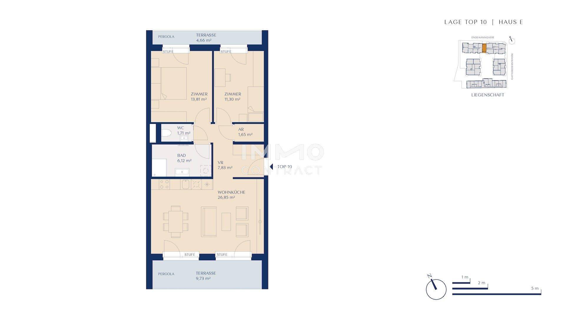 Grundriss einer Wohnung mit zwei Terrassen, Wohnküche und zwei Zimmern.