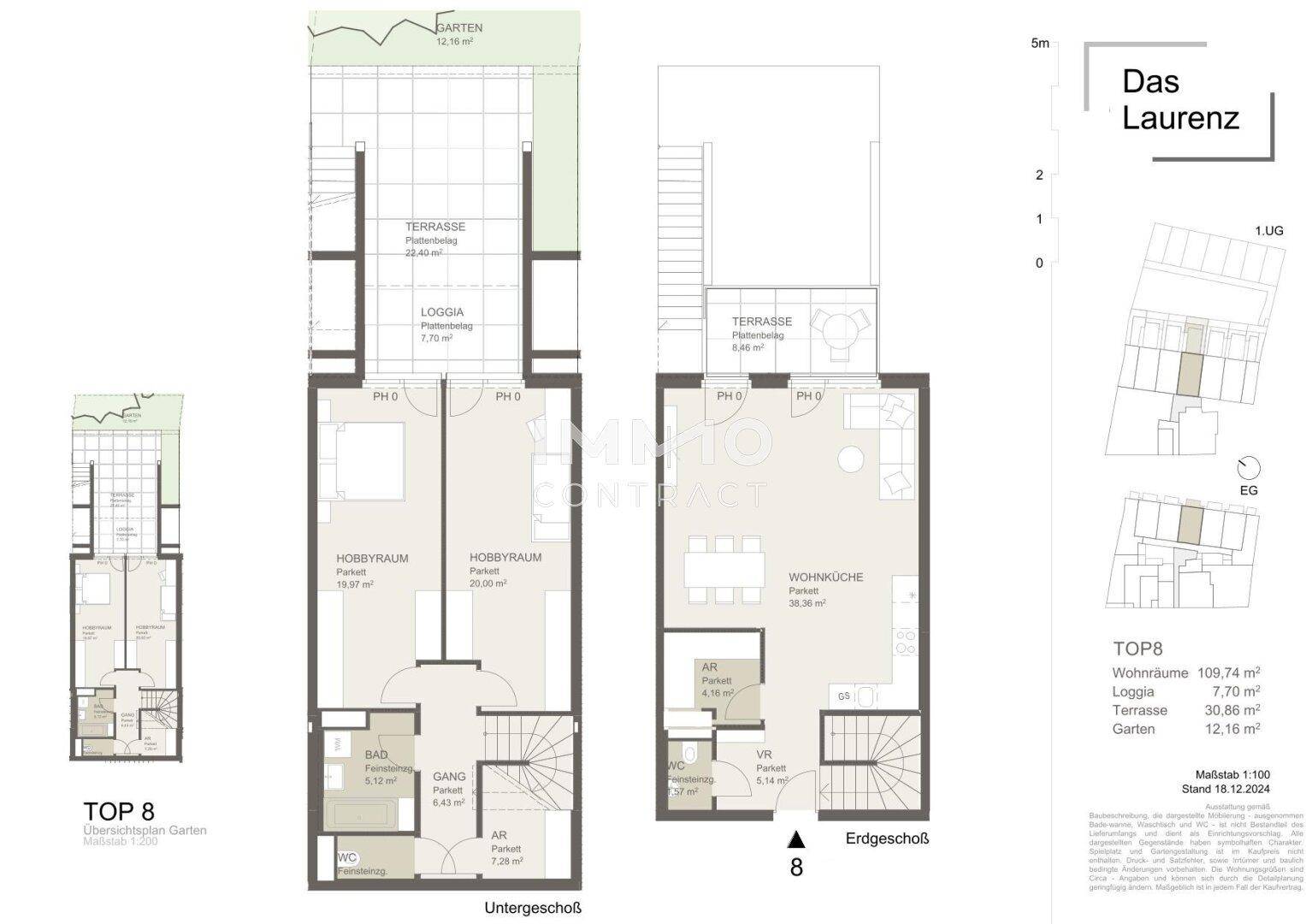 Detaillierter Grundriss der Wohnung mit Untergeschoss, Erdgeschoss und Gartenbereich.