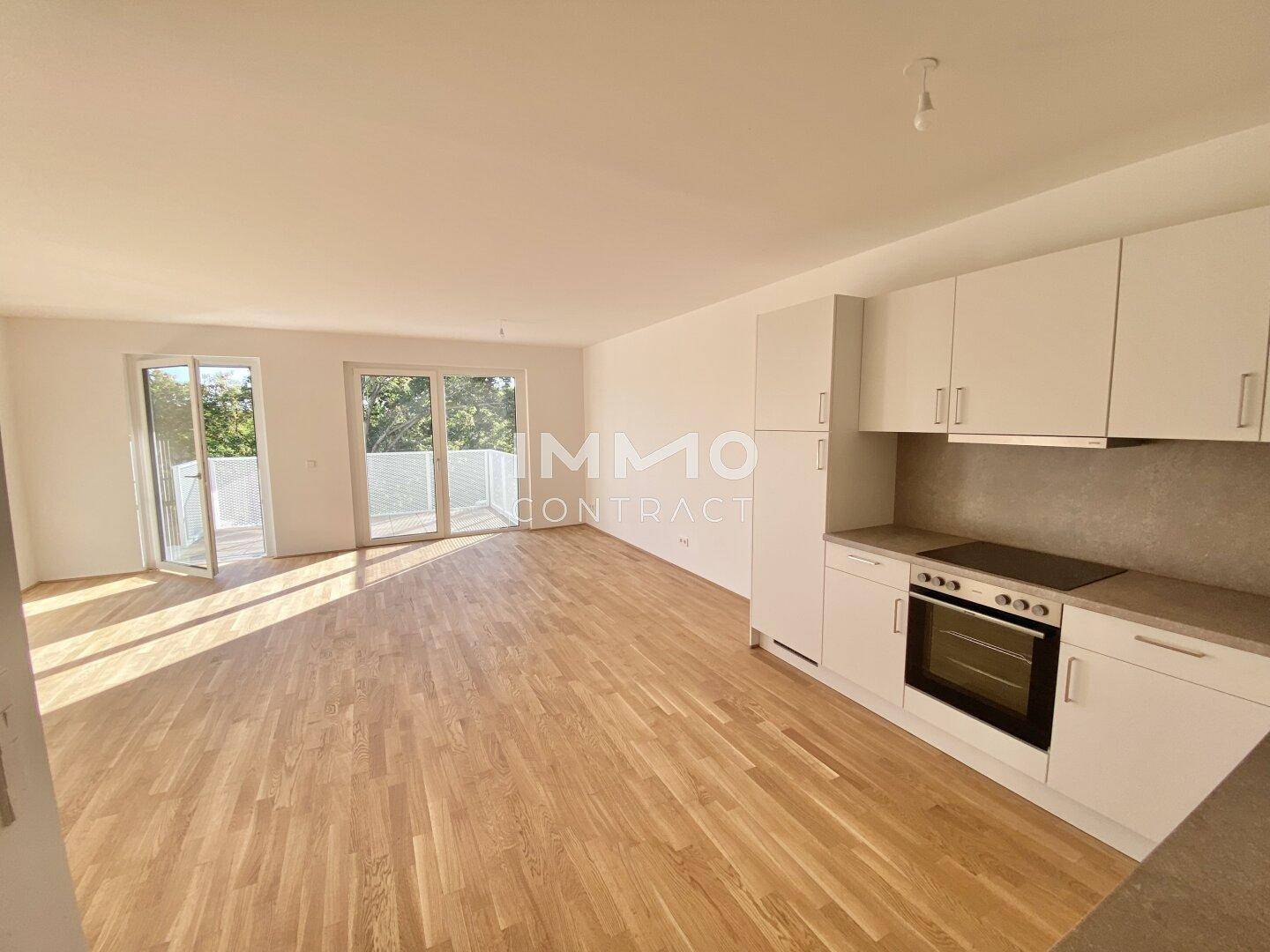 Offener Wohnbereich mit integrierter Küchenzeile, Holzboden und Zugang zu einem Balkon.