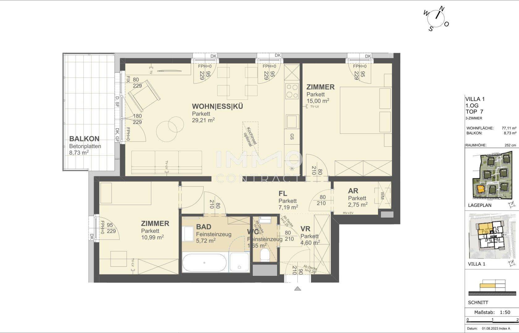 Grundriss einer Wohnung mit offenem Wohn-Essbereich, zwei Zimmern und einem Balkon.
