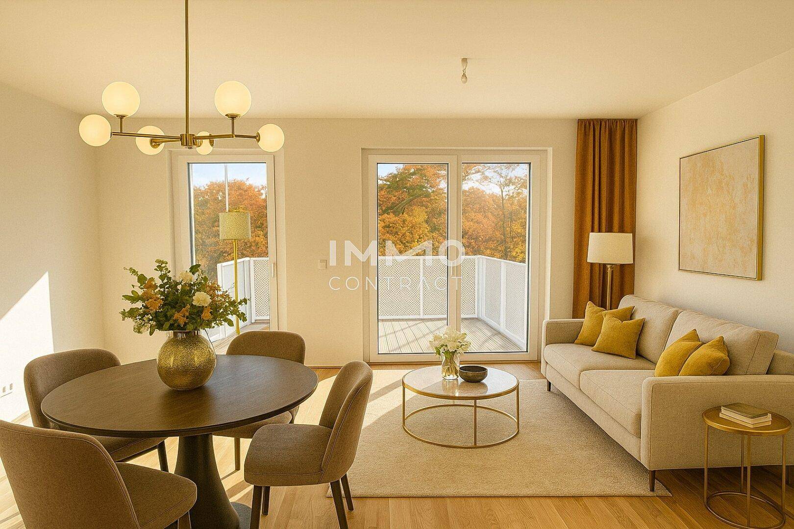 Helles Wohn- und Esszimmer mit Holzboden, modernen Möbeln und Zugang zum Balkon mit Herbstblick.