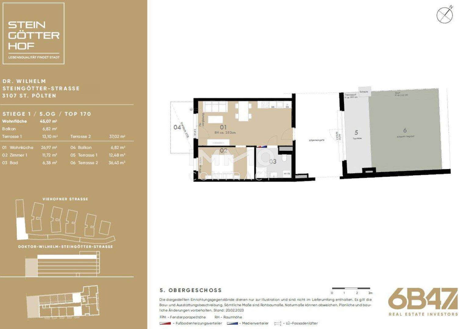 Detaillierter Grundriss einer Wohnung mit zwei Terrassen und einem Balkon.