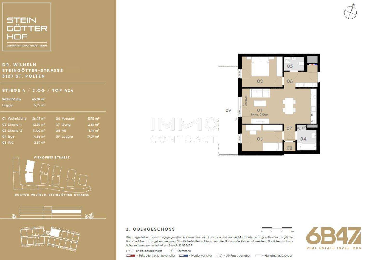 Detaillierter Grundriss einer Wohnung im Obergeschoss mit offener Wohnküche, Loggia und zwei Bädern.