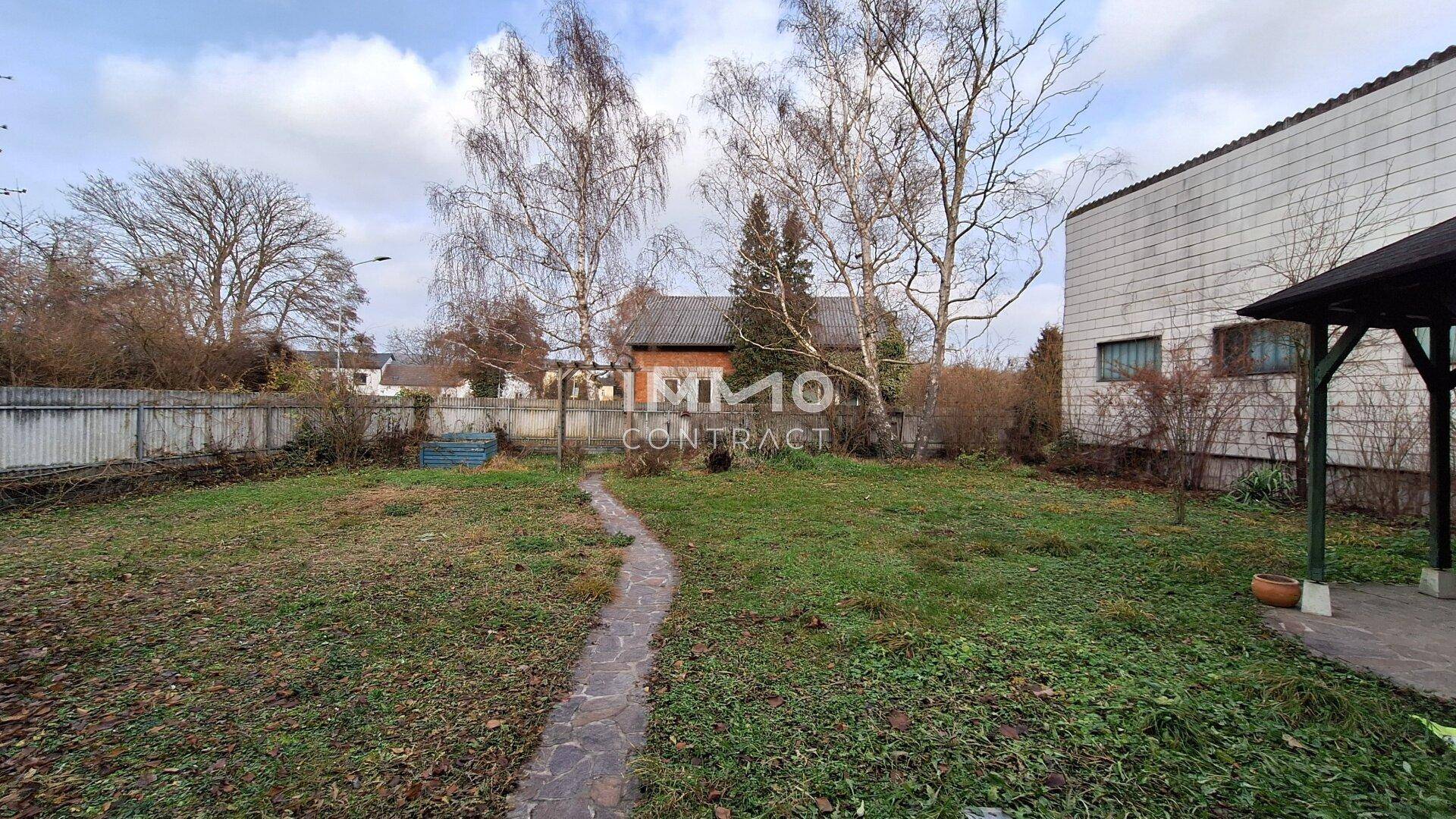 Großer Gartenbereich mit Rasenfläche, Steinweg und kahlen Bäumen im Herbst.