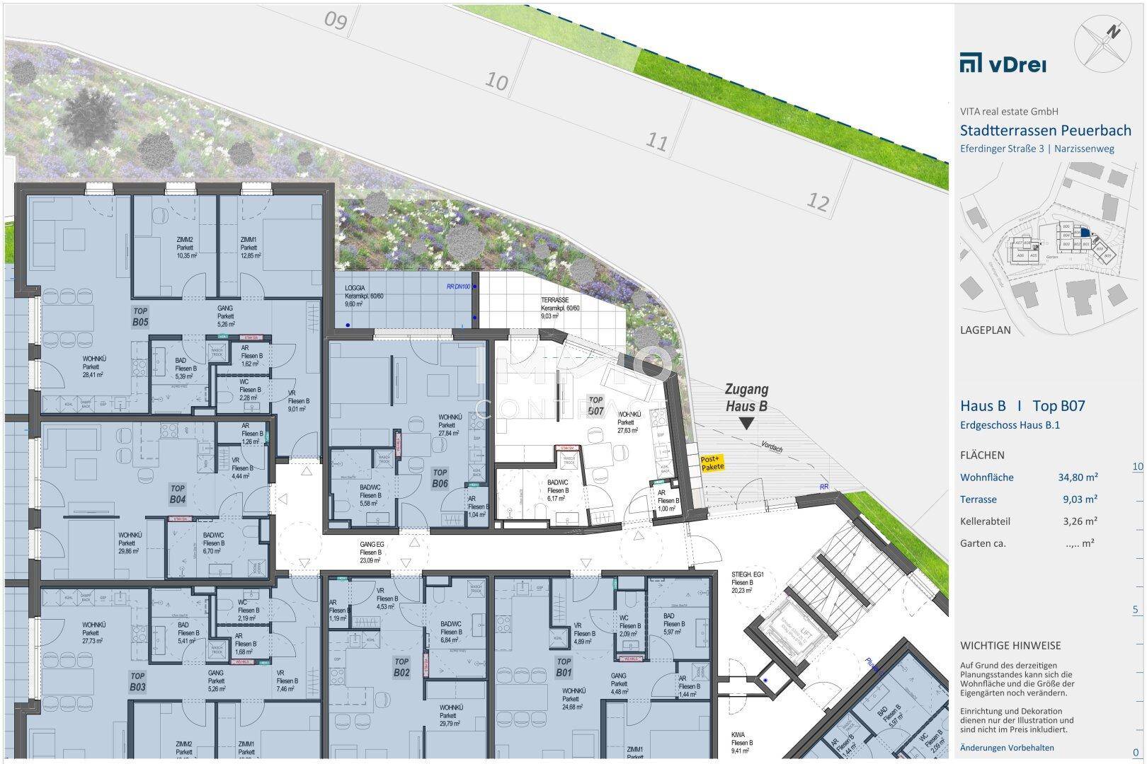 Gesamtgrundriss einer Etage mit mehreren Wohneinheiten, Terrassen und Zugangsbereichen.