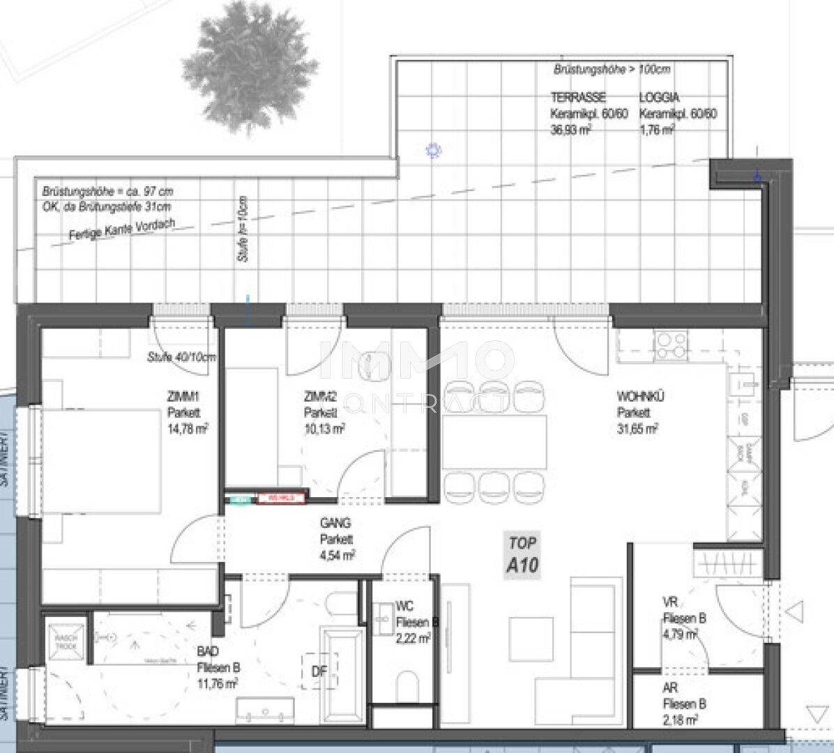 Detaillierter Grundriss der Wohnung TOP A10 mit zwei Schlafzimmern, Wohnküche und großer Terrasse.