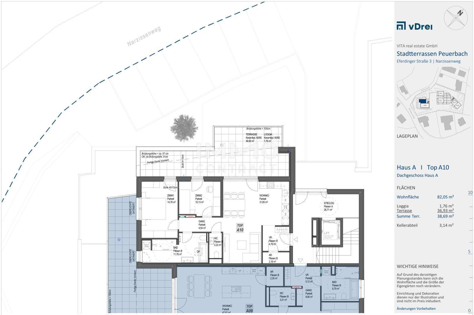 Lageplan mit integriertem Grundriss von Haus A, Top A10, und der Anbindung an den Narzissenweg.