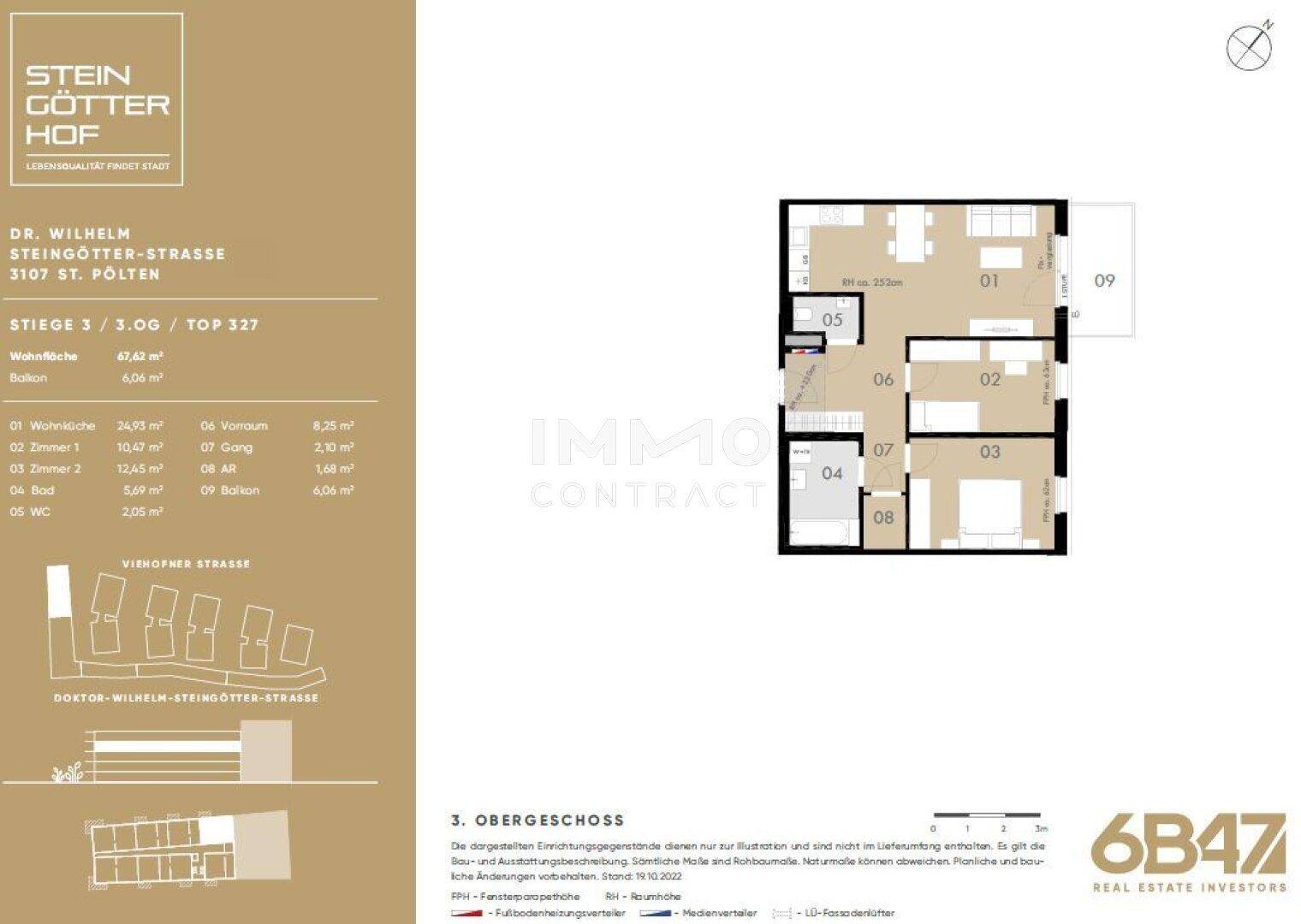 Detaillierter Grundriss einer Wohnung im dritten Obergeschoss mit Balkon und drei Zimmern.