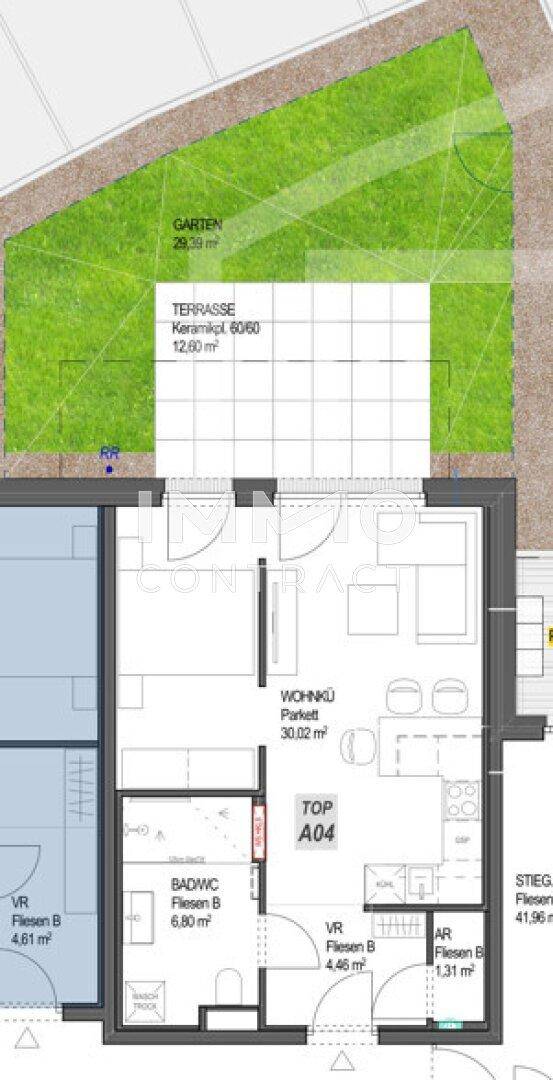 Detaillierter Grundriss der Wohneinheit A04 mit Wohnbereich, Bad und privatem Garten.