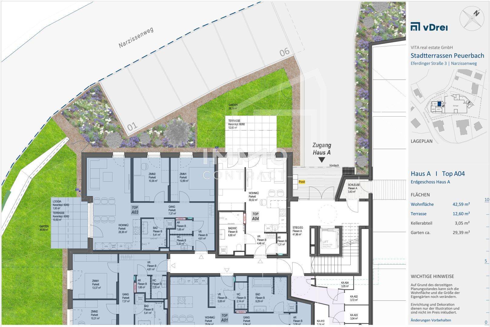 Grundrissplan des Erdgeschosses mit mehreren Wohneinheiten, Terrassen und Gärten.