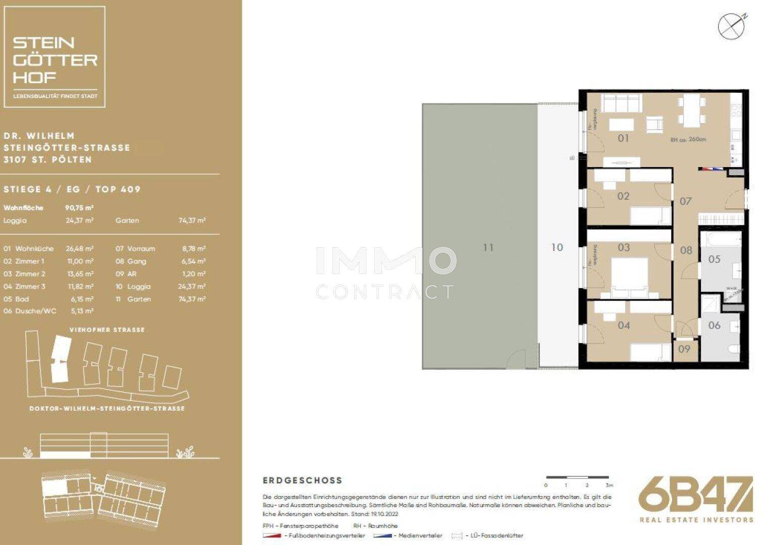 Grundriss einer Erdgeschosswohnung mit offenem Wohnbereich, Garten und Terrasse.