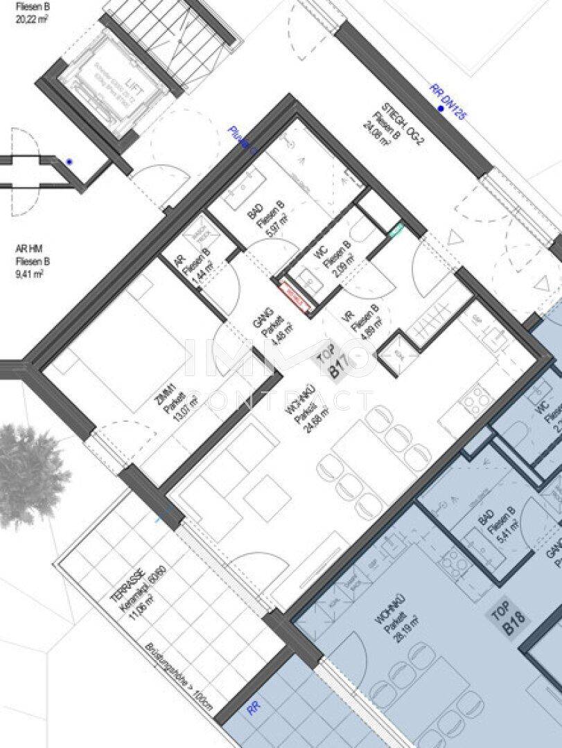 Ausschnitt des Grundrisses von Top B17 mit Zimmern, Bad, WC und Terrasse.