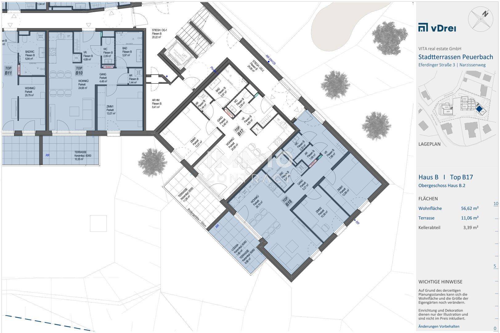Detaillierter Grundriss von Haus B, Top B17, mit Wohnflächenangaben und Terrassenzugang.