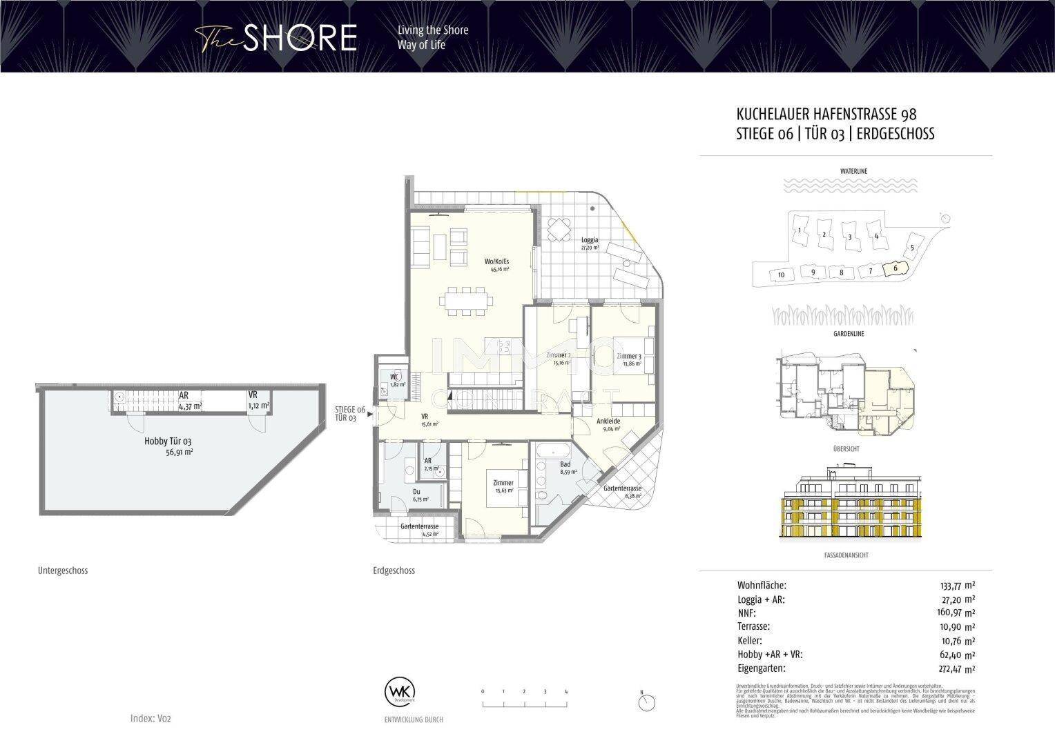 Detaillierter Grundriss einer Erdgeschosswohnung mit Loggia, Terrasse und Gartenanteil.