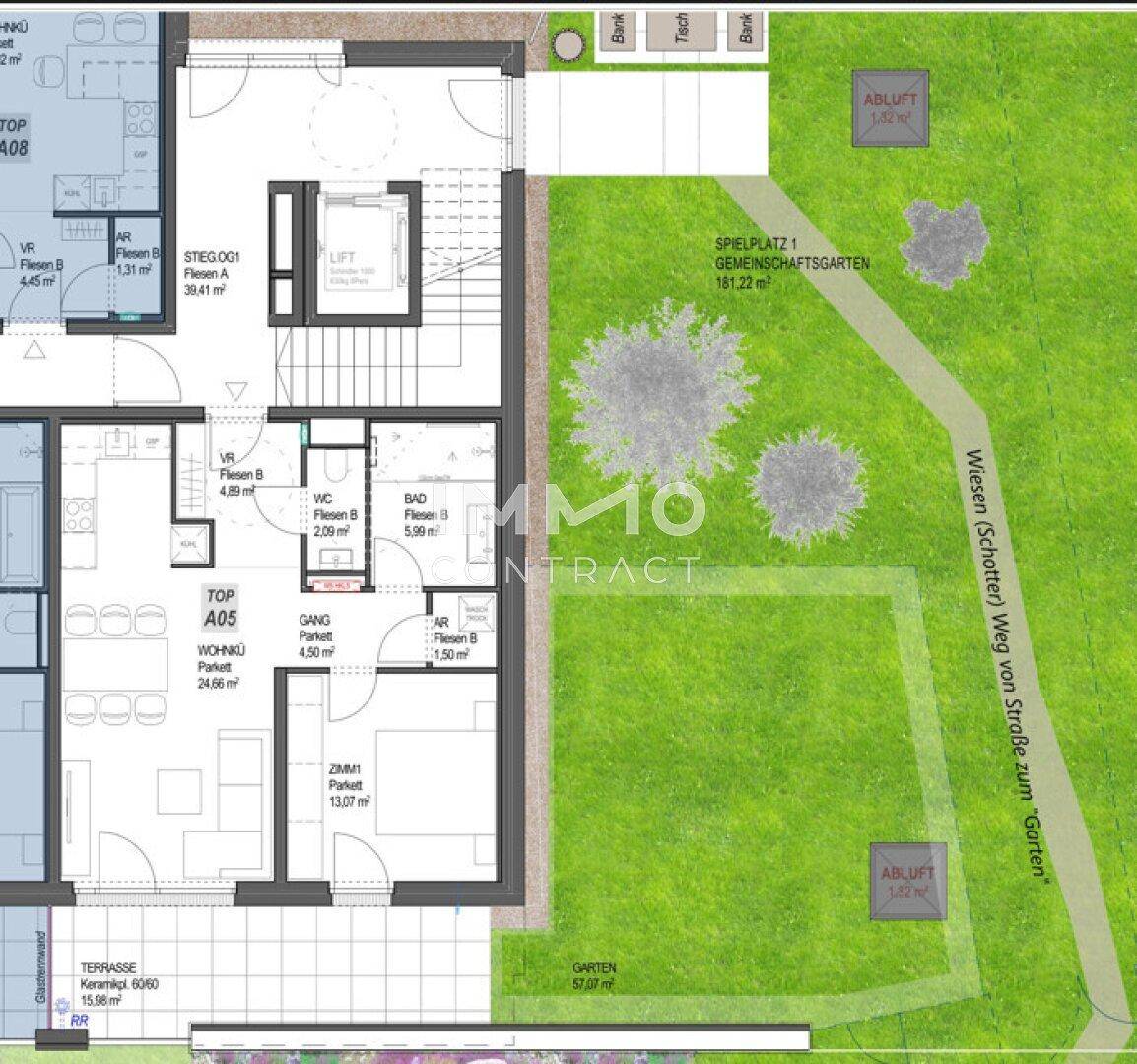 Detaillierter Grundriss der Einheit A05 mit Wohnbereich, Schlafzimmer, Bad und Zugang zu Terrasse und Garten.