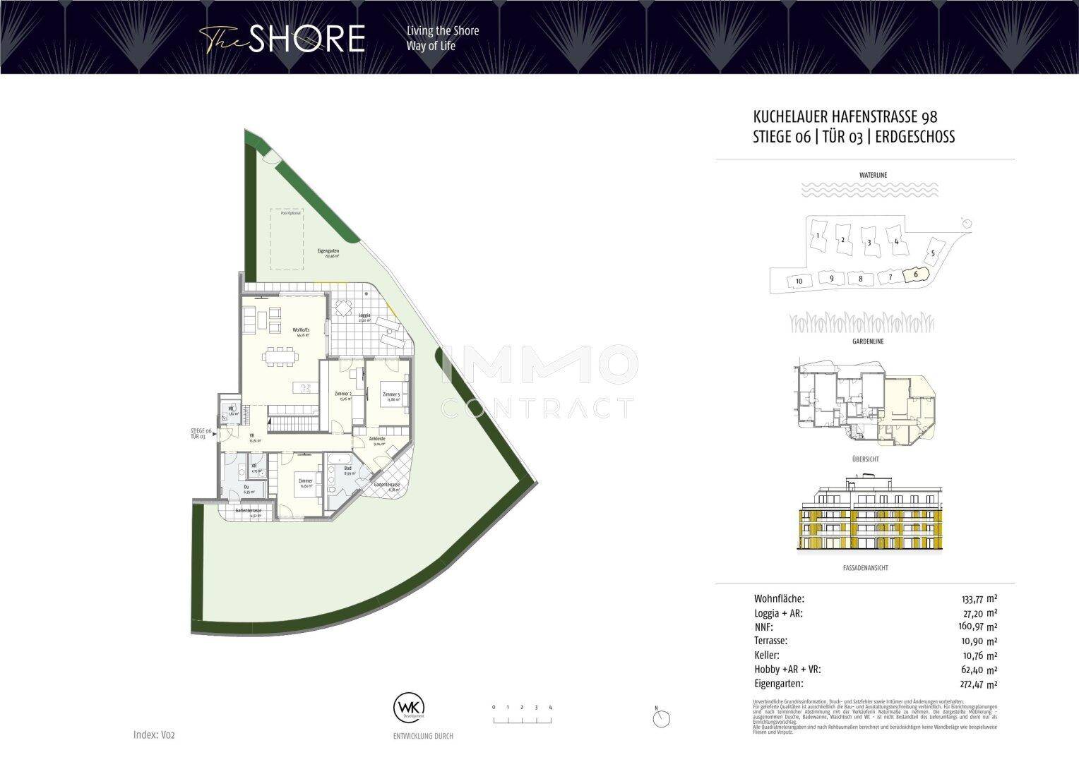Übersichtlicher Grundriss einer Erdgeschosswohnung mit großem Garten und Loggia.