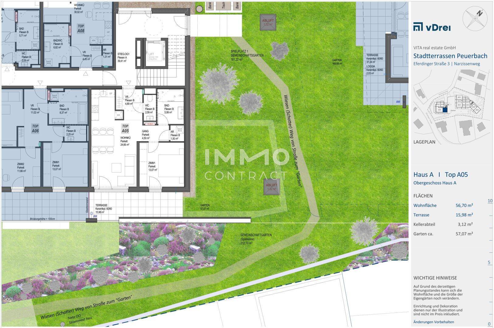 Grundrissplan mit mehreren Wohneinheiten, detailliertem Gartenbereich und Terrassenflächen.