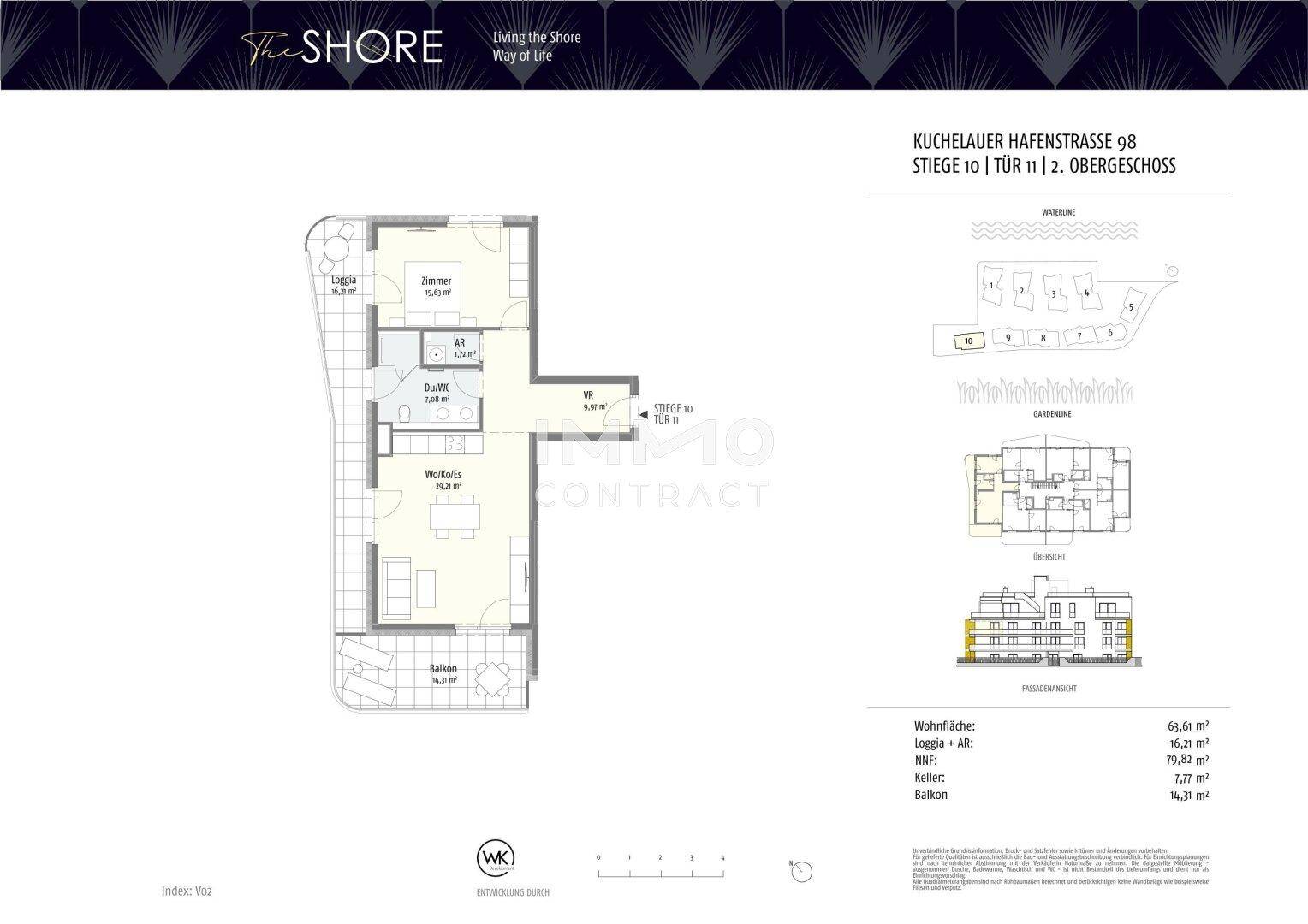 Grundriss einer Wohnung im zweiten Obergeschoss mit Loggia und Balkon.
