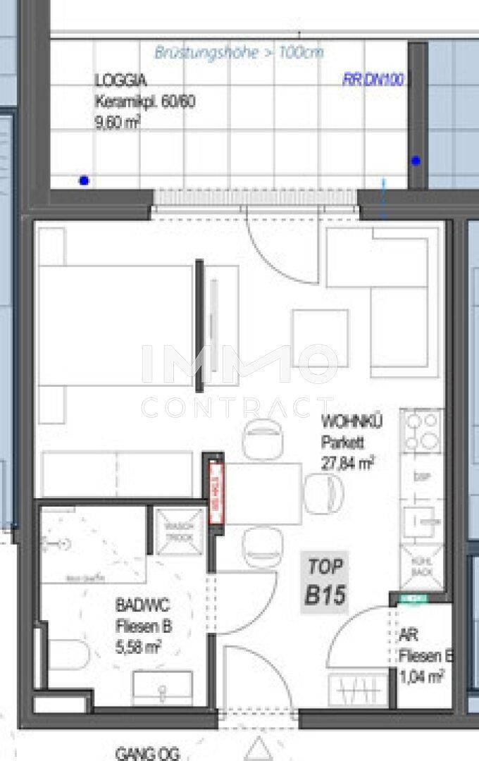 Detaillierter Grundriss einer Wohneinheit mit Wohnküche, Bad und Loggia.