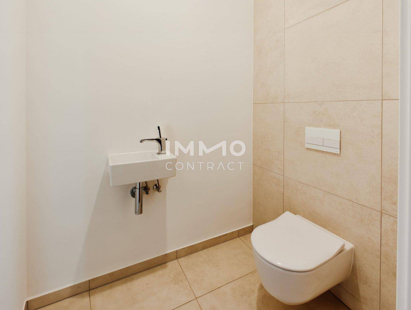 Kleines Gäste-WC mit Wand-WC und modernem, kompaktem Waschbecken.