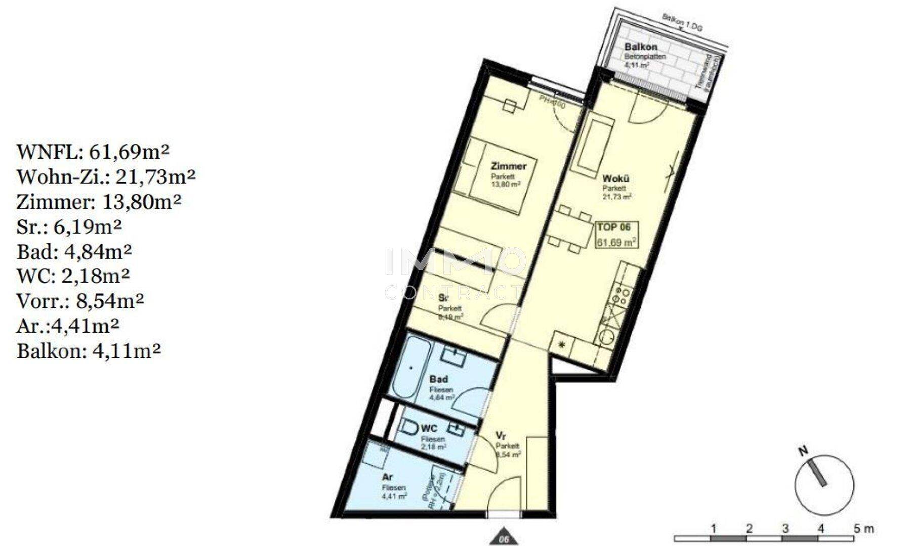 Detaillierter Grundriss einer Wohnung mit Wohnzimmer, Schlafzimmer und Balkon.