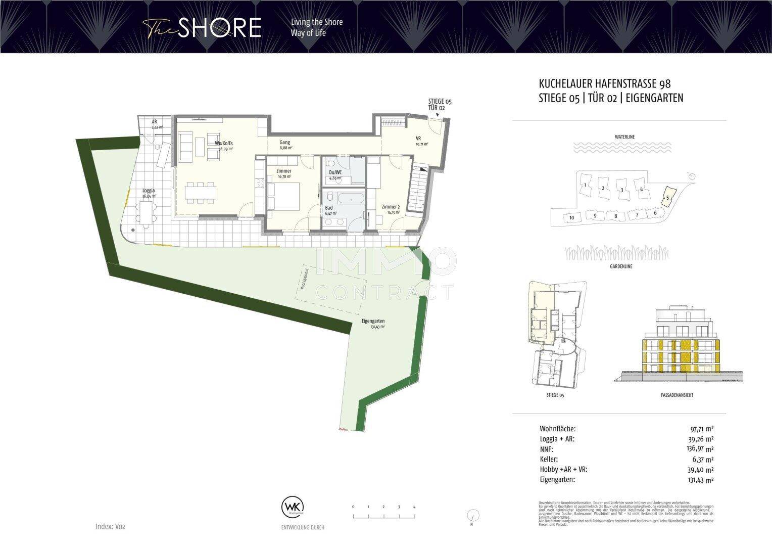 Grundriss einer Erdgeschosswohnung mit großem Eigengarten, Loggia und offenem Wohnbereich.