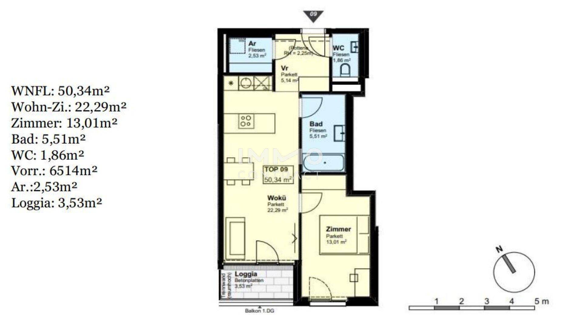 Grundriss der Wohnung mit offenem Wohnbereich, Schlafzimmer, Bad, separatem WC und Loggia.