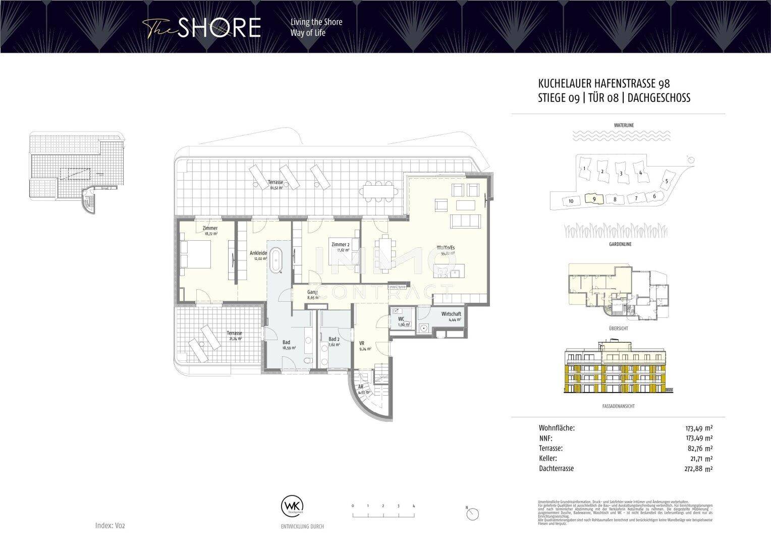 Detaillierter Grundriss einer Dachgeschosswohnung mit großer Terrasse und mehreren Zimmern.