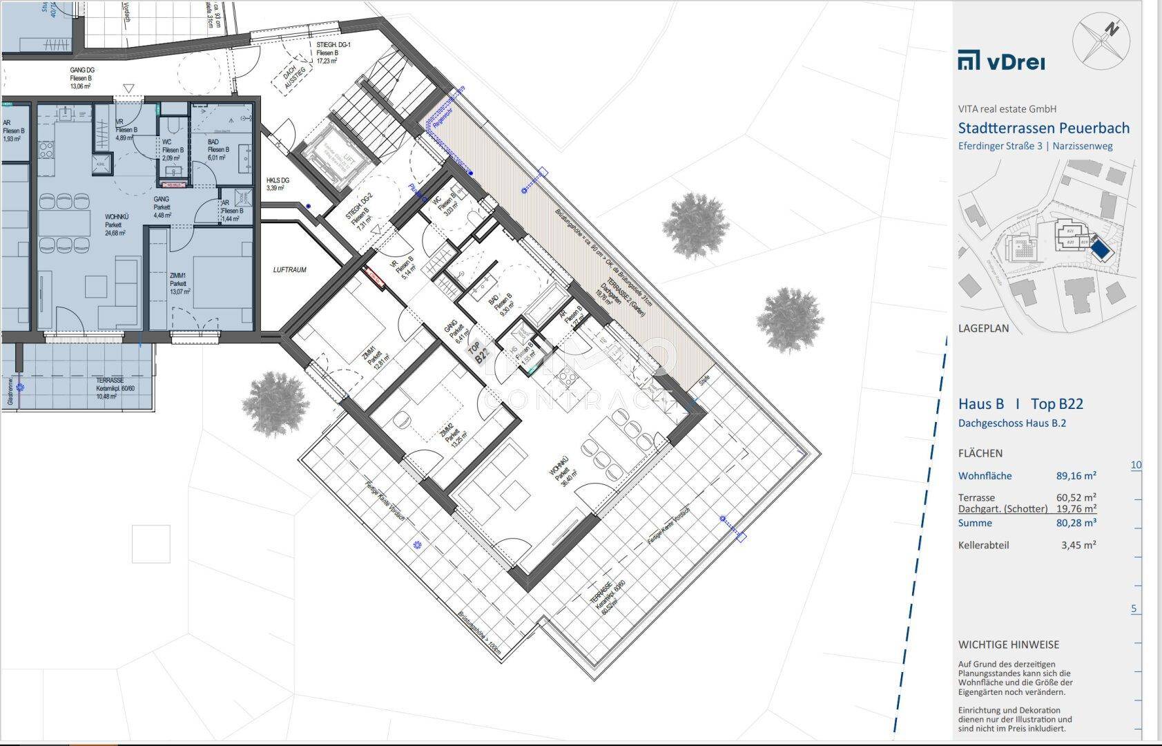 Detaillierter Grundrissplan der Wohneinheit B22 mit Flächenangaben und Terrassenzugang.