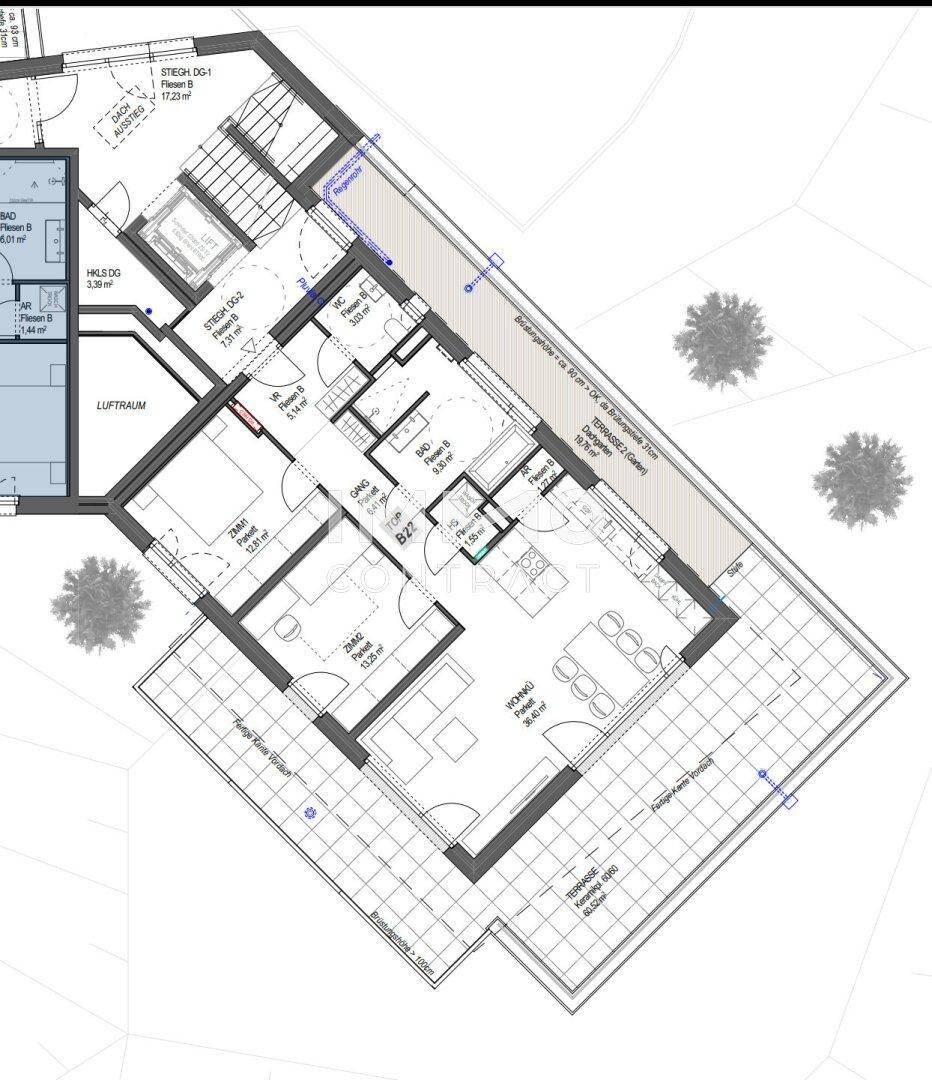 Grundrissplan einer Wohneinheit mit Terrasse und offenem Wohnbereich.