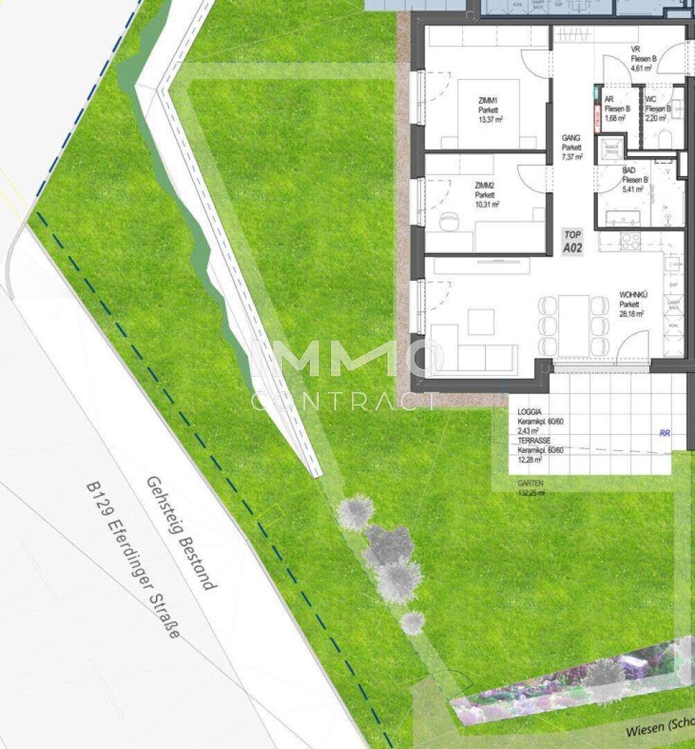 Ausschnitt des Grundrisses einer Wohnung mit Gartenanteil, Terrasse und Loggia.