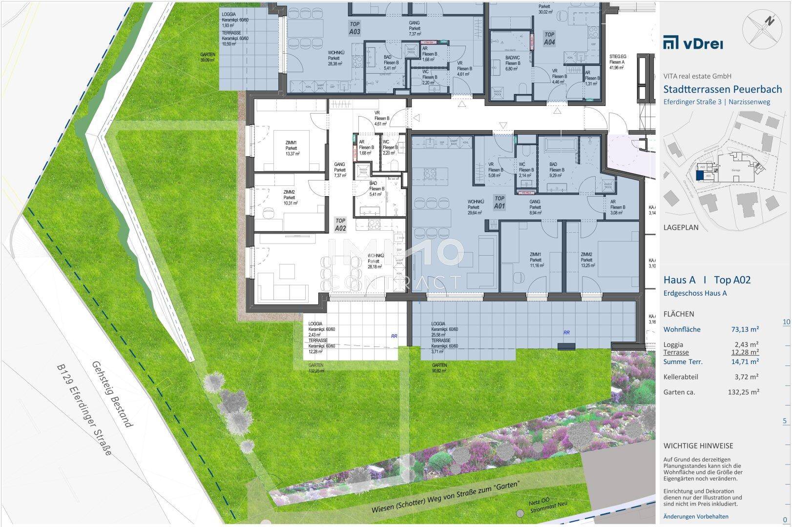 Detaillierter Grundriss einer Wohneinheit mit angrenzendem Gartenbereich und Loggia.