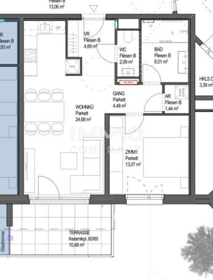 Ausschnitt des Grundrisses mit Wohnküche, Schlafzimmer, Bad und Terrasse.