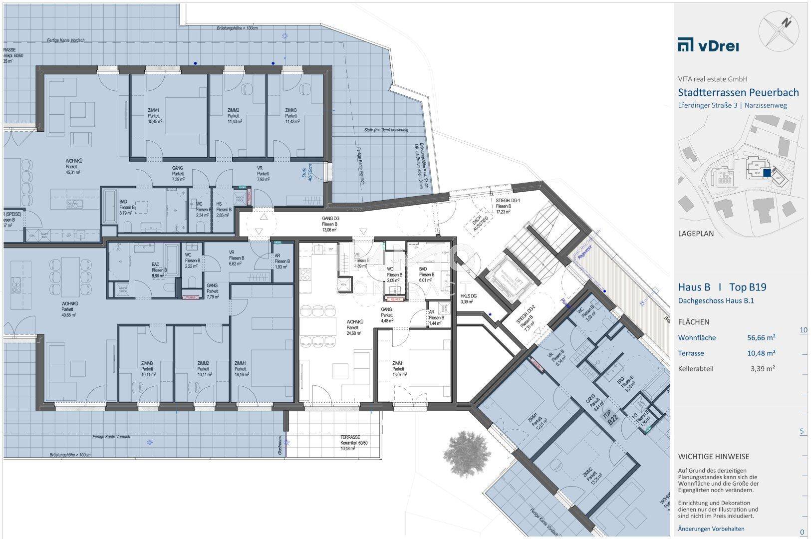 Detaillierter Grundriss des Hauses B19 mit Wohnfläche, Terrasse und Kellerabteil.