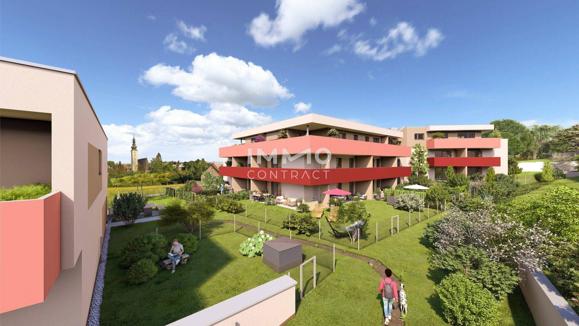 Moderne Wohngebäude mit weitläufigen Grünflächen und Gärten, ideal für Erholung im Freien.