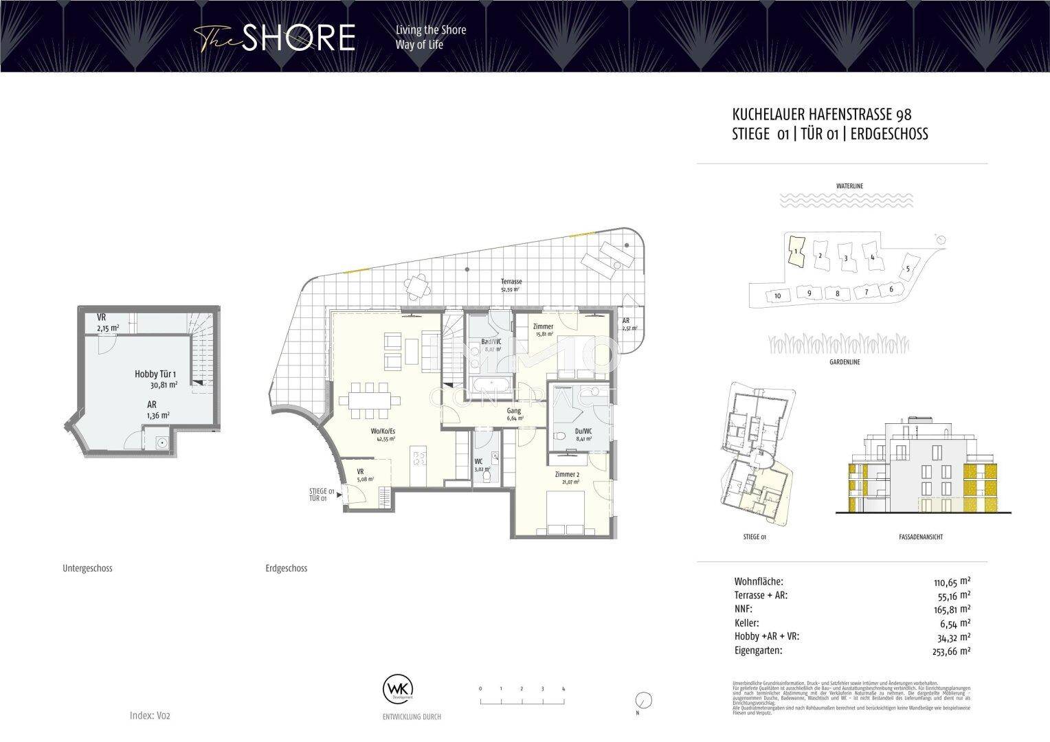 Detaillierter Grundriss einer Erdgeschosswohnung mit Terrasse und Gartenbereich.