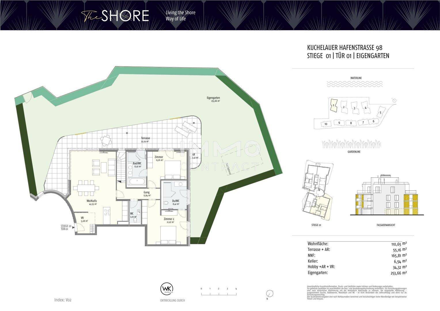 Übersichtlicher Grundriss einer Erdgeschosswohnung mit großem Garten und Terrasse.