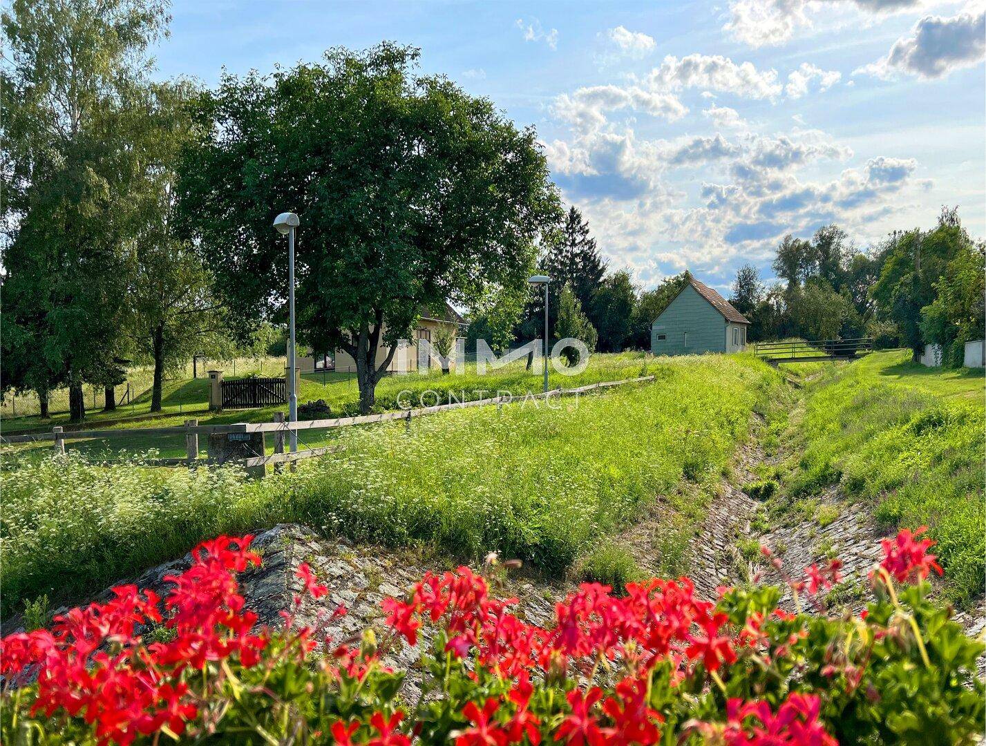Malerische Landschaft mit roten Blumen im Vordergrund und einem Haus in der Ferne.
