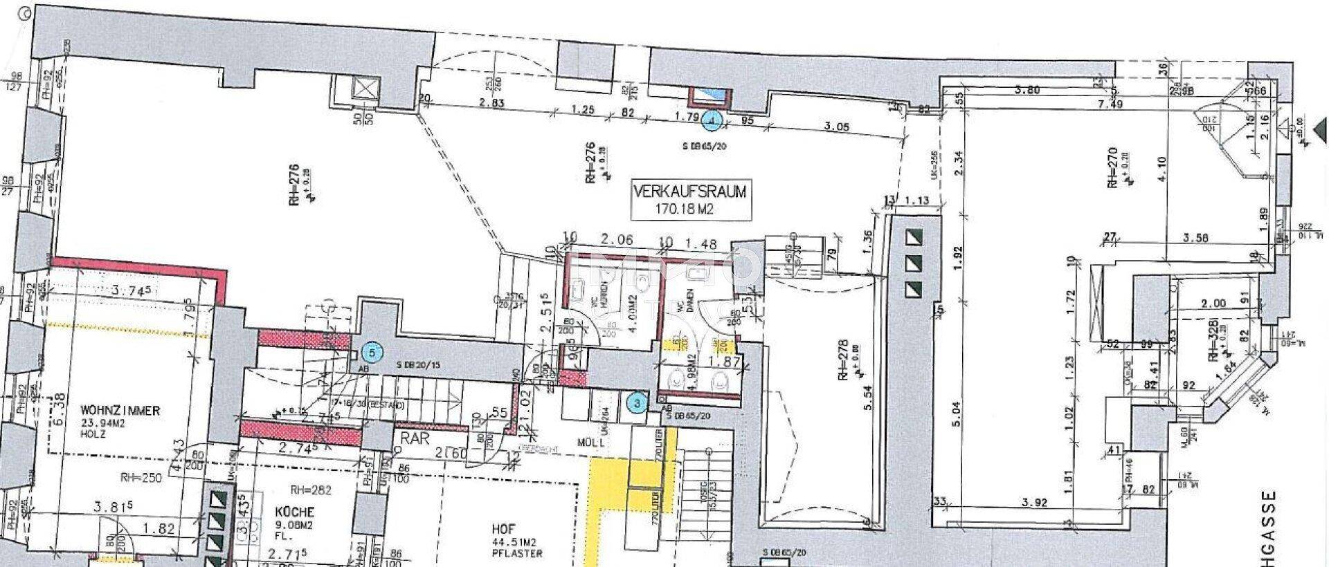 Detaillierter Grundriss mit Raumaufteilung und Flächenangaben für ein Geschäftslokal.