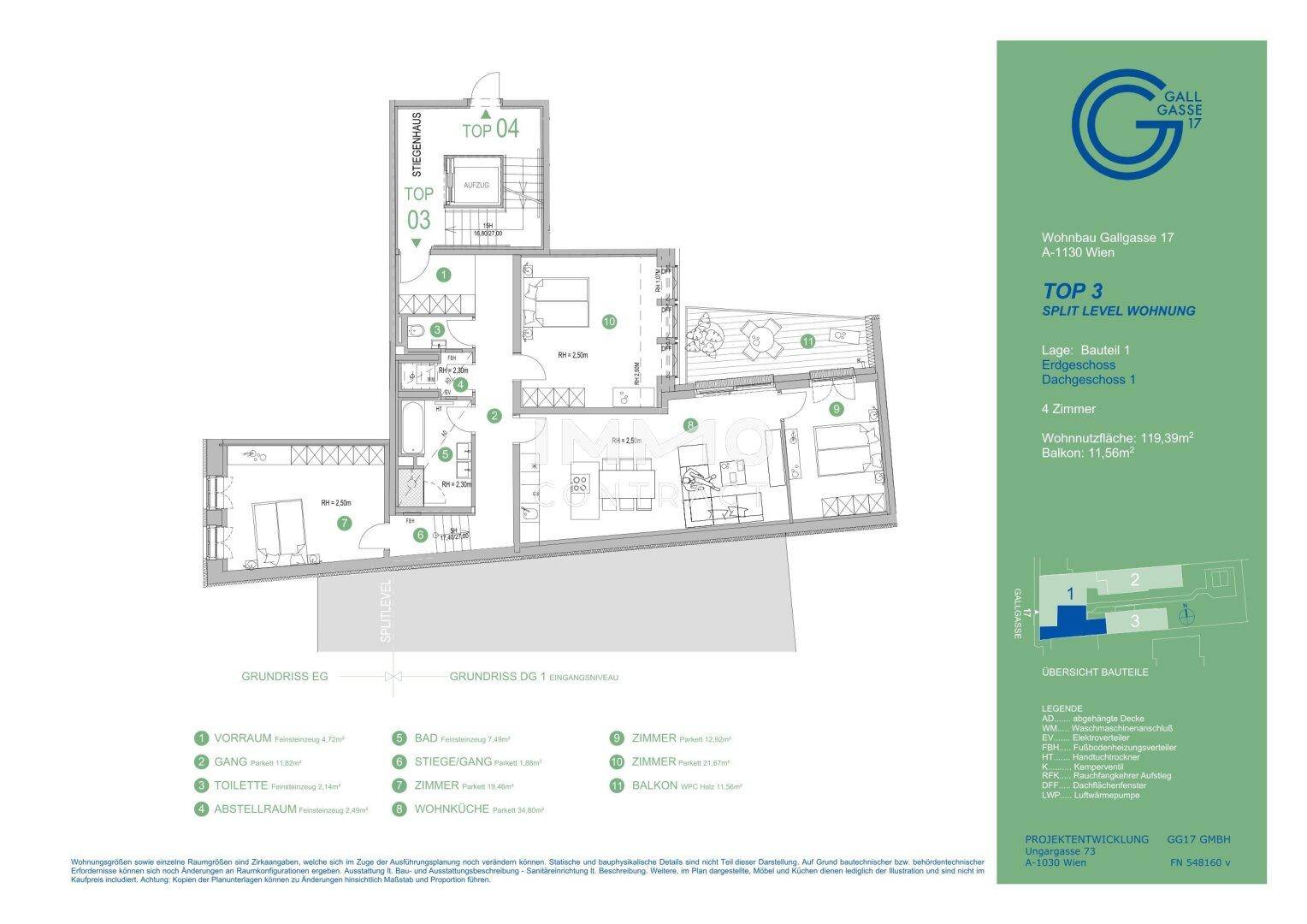 Grundriss einer Split-Level-Wohnung mit vier Zimmern und Balkon, 119,39 m² Wohnfläche.