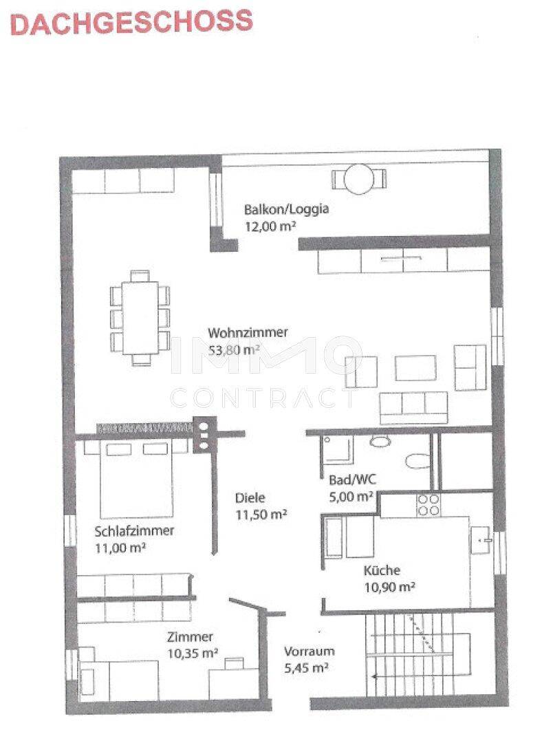 Grundriss des Dachgeschosses mit Wohnzimmer, Schlafzimmer, Küche und Balkon.