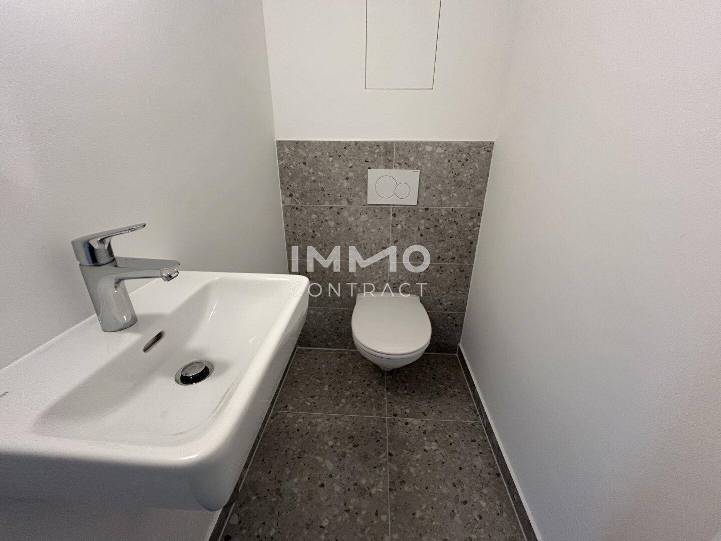Modernes Gäste-WC mit Wand-WC, kleinem Waschbecken und grauen Fliesen.