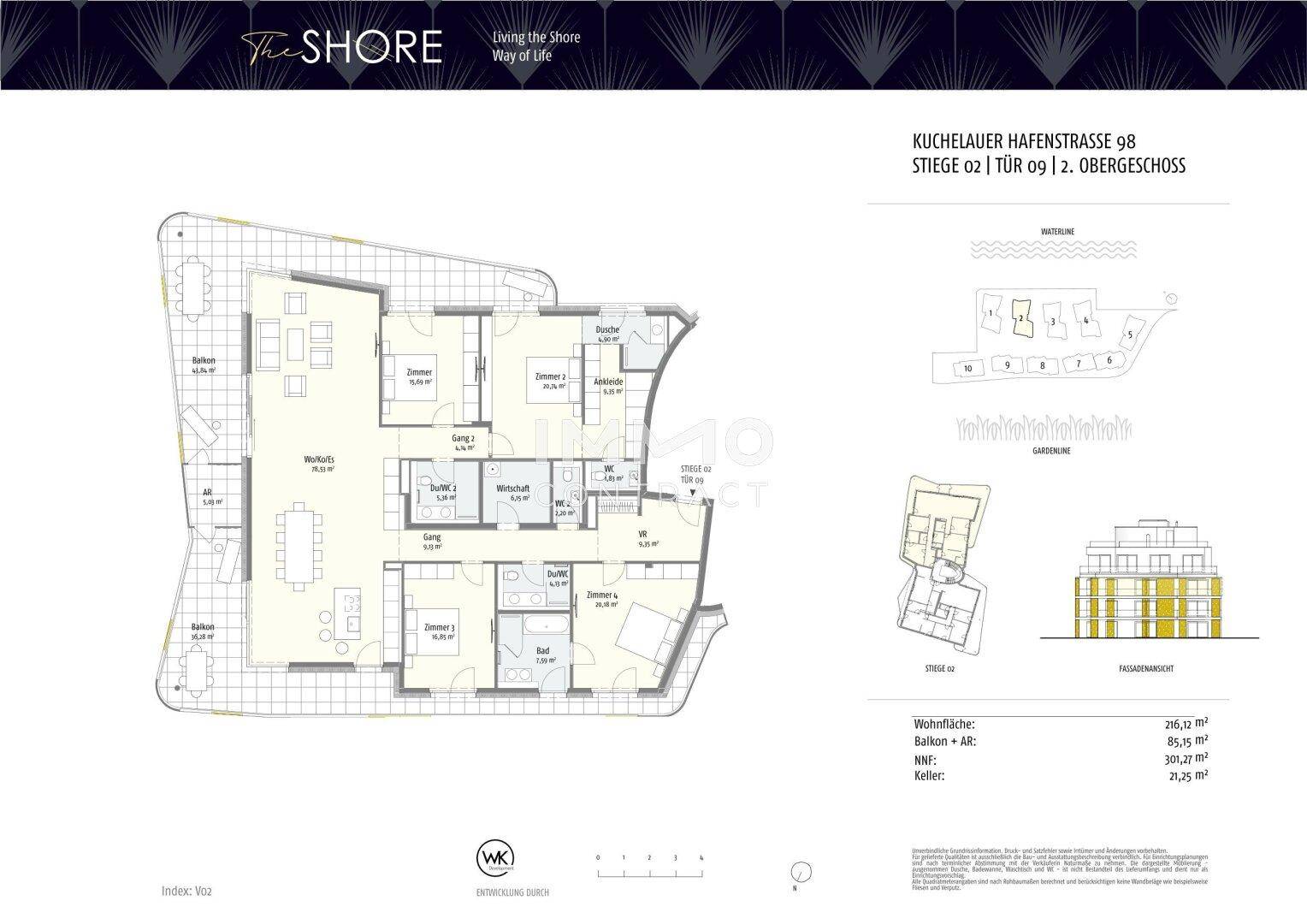 Detaillierter Grundriss einer Wohnung im zweiten Obergeschoss mit Balkon und mehreren Zimmern.