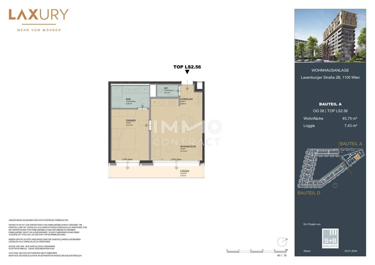 Grundriss einer Wohnung mit offener Wohnküche, Schlafzimmer, Badezimmer und einer Loggia.