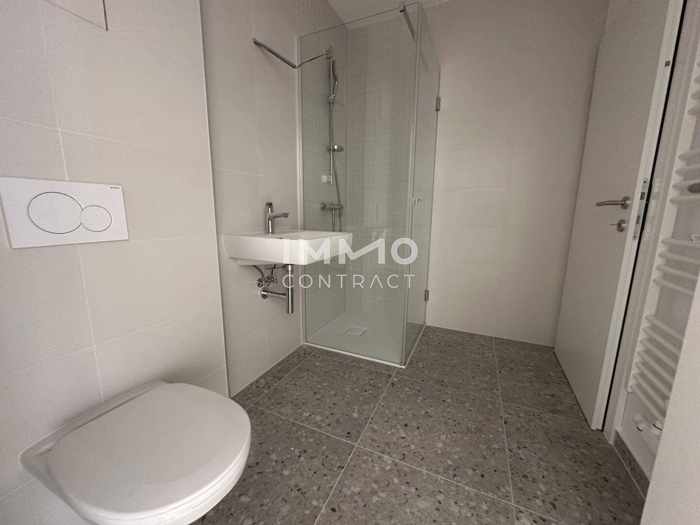 Modernes Badezimmer mit ebenerdiger Dusche, wandhängendem WC und stilvollen Fliesen, sehr funktional.